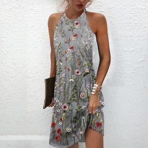 Duefe Floral Print Gray Sleeveless High Halter Sheath Mini Dress